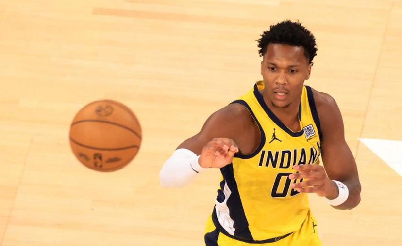 Pacers' point guard #02 Andrew Nembhard throws the ball during Game Five of the Eastern Conference Finals of the 2025 NBA Playoffs between the New York Knicks and the Indiana Pacers at Madison Square Garden in New York on May 29, 2025.  CHARLY TRIBALLEAU / AFP