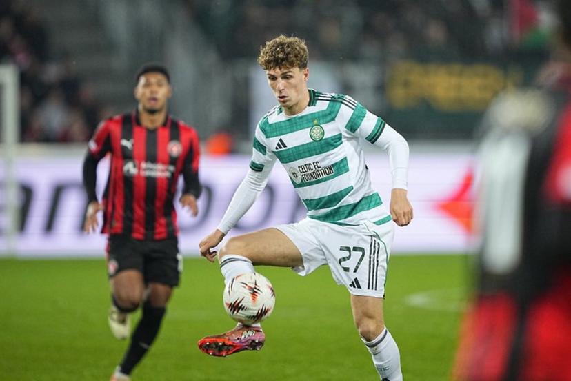 Celtic's Belgian midfielder #27 Arne Engels controls the ball during the UEFA Europa League football match between FC Midtjylland and Celtic FC in Herning, Denmark on November 6, 2025.  Bo Amstrup / Ritzau Scanpix / AFP