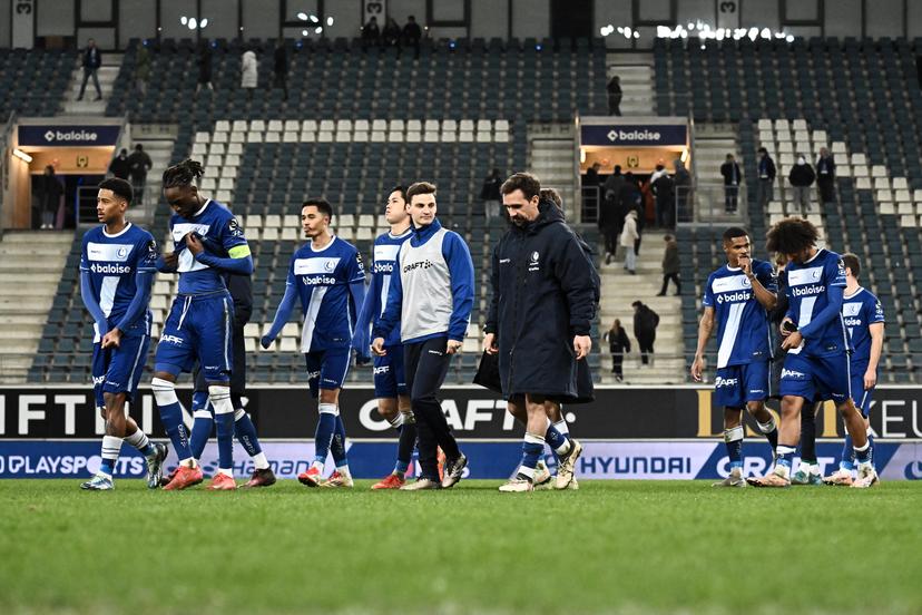 Players of AA Gent look dejected after a soccer game between KAA Gent and KV Kortrijk, Sunday 16 March 2025 in Gent, on day 30 of the 2024-2025 season of the "Jupiler Pro League" first division of the Belgian championship. BELGA PHOTO MAARTEN STRAETEMANS