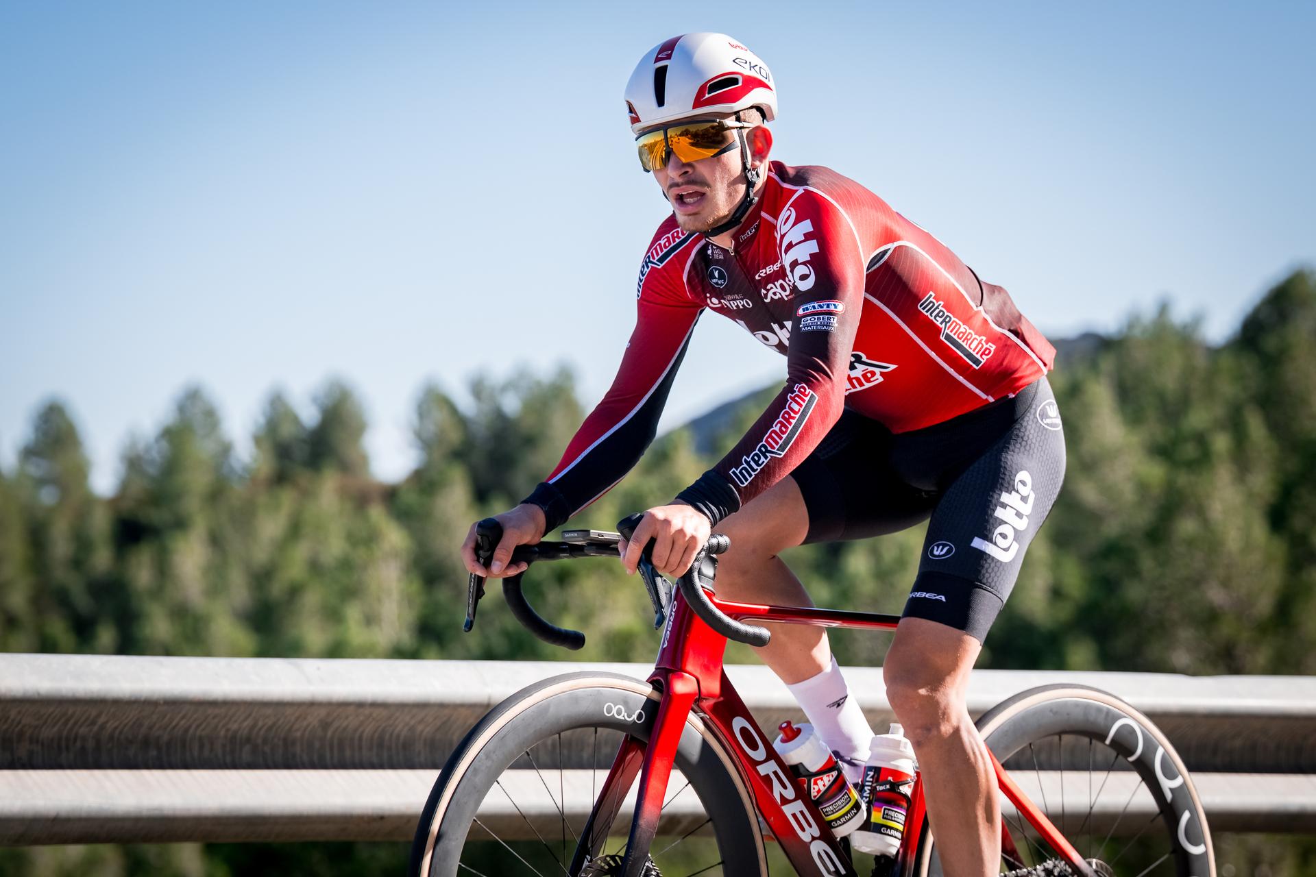 French Matys Grisel of Lotto-Intermarche pictured in action during a training ride of the Lotto-Intermarche cycling team in Albir, Spain, Thursday 15 January 2026. BELGA PHOTO DAVID PINTENS