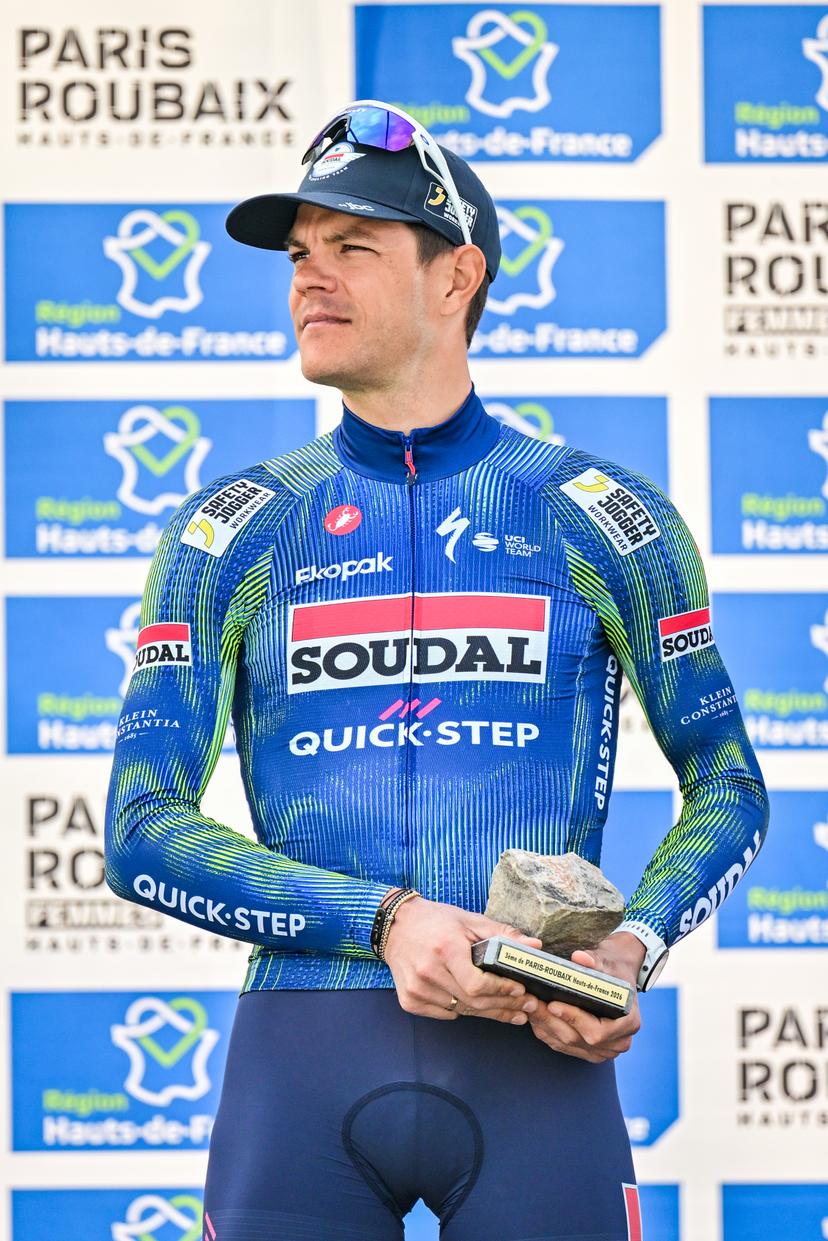 Belgian Jasper Stuyven of Soudal Quick-Step pictured on the podium after the men's Paris-Roubaix cycling race, Sunday 12 April 2026, around Roubaix, France. The 123rd edition of Paris-Roubaix cycling races will take on Sunday, with the women riding 143,1 km the men riding 258,3 km on Sunday. BELGA PHOTO DIRK WAEM