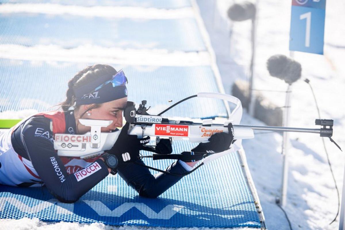 Italy's Rebecca Passler shoots during the women's 7.5-km sprint of the IBU Biathlon World Cup at Soldier Hollow Nordic Center in Midway, Utah, on March 8, 2024.  Isaac HALE / AFP