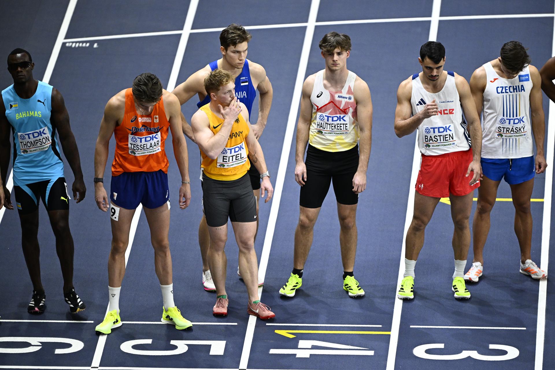 Belgian Jente Hauttekeete (3R) pictured at the start of the 1000m race of the men's heptathlon competition, on the second day of the World Athletics Indoor Championship in Torun, Poland on Saturday 21 March 2026. The championships take place from 20 to 22 March. BELGA PHOTO JASPER JACOBS