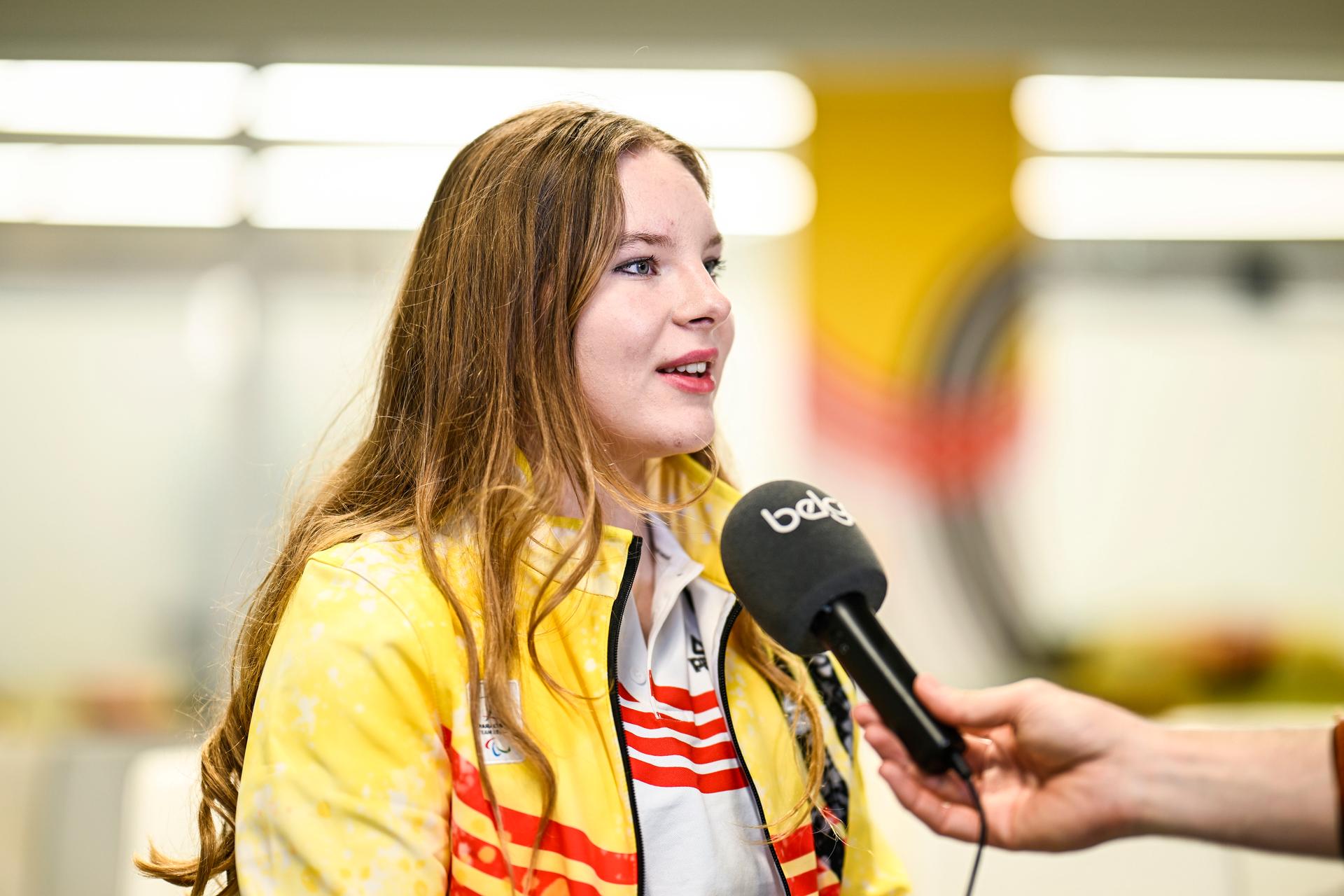 Belgian skier Marte Goossen pictured during an interview after a press conference of the Paralympic Team Belgium to present the athletes representing Belgium at the 2026 Paralympic Winter Games in Cortina d'Ampezzo and Milan (from March 6 to 15), on Tuesday 24 February 2026, in Brussels. BELGA PHOTO TOM GOYVAERTS