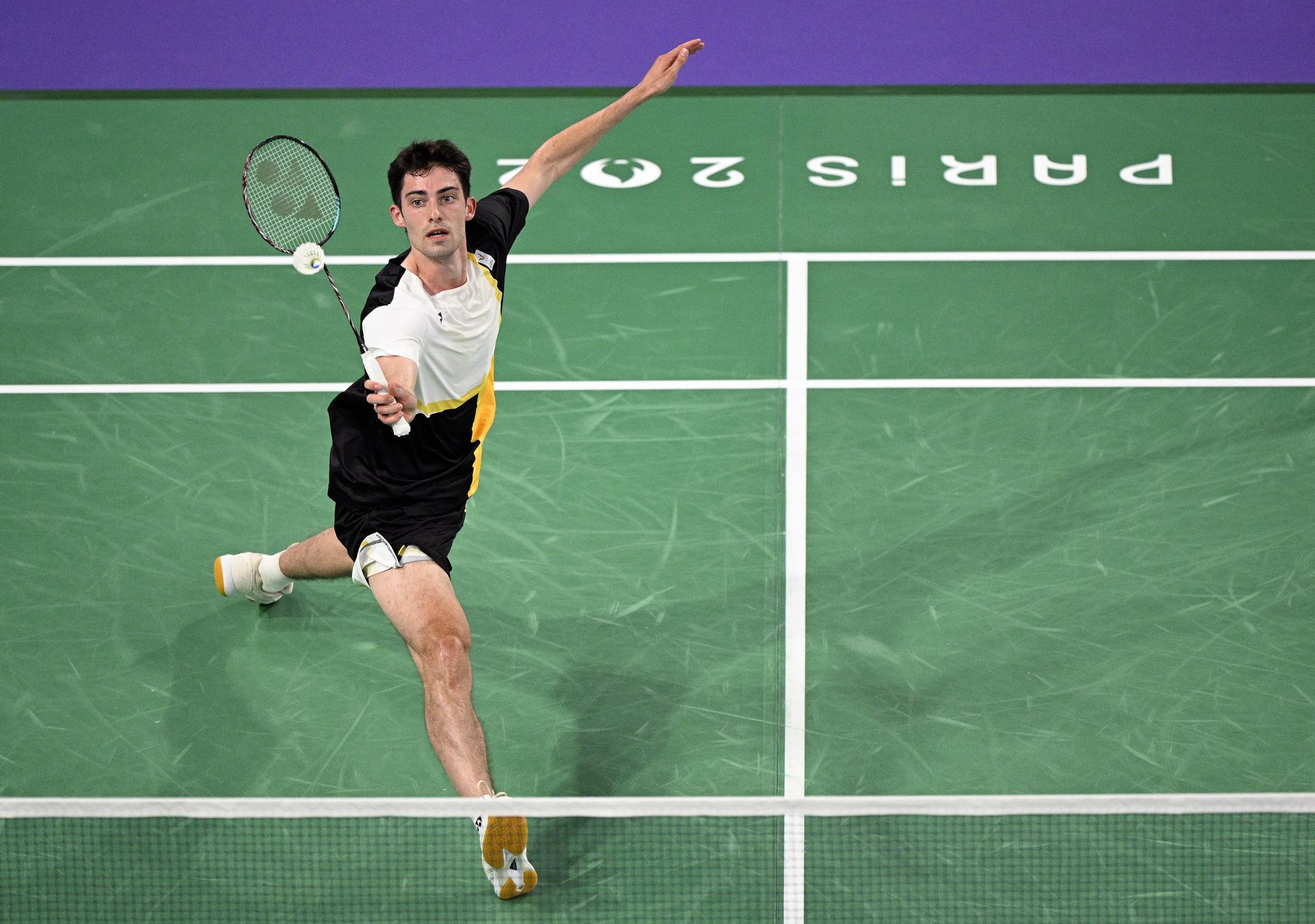 Belgian badminton player Julien Carraggi pictured in action during a badminton match against Indian Sen, in the group play stage of the men's singles tournament at the Paris 2024 Olympic Games, on Monday 29 July 2024 in Paris, France. The Games of the XXXIII Olympiad are taking place in Paris from 26 July to 11 August. The Belgian delegation counts 165 athletes competing in 21 sports. BELGA PHOTO JASPER JACOBS