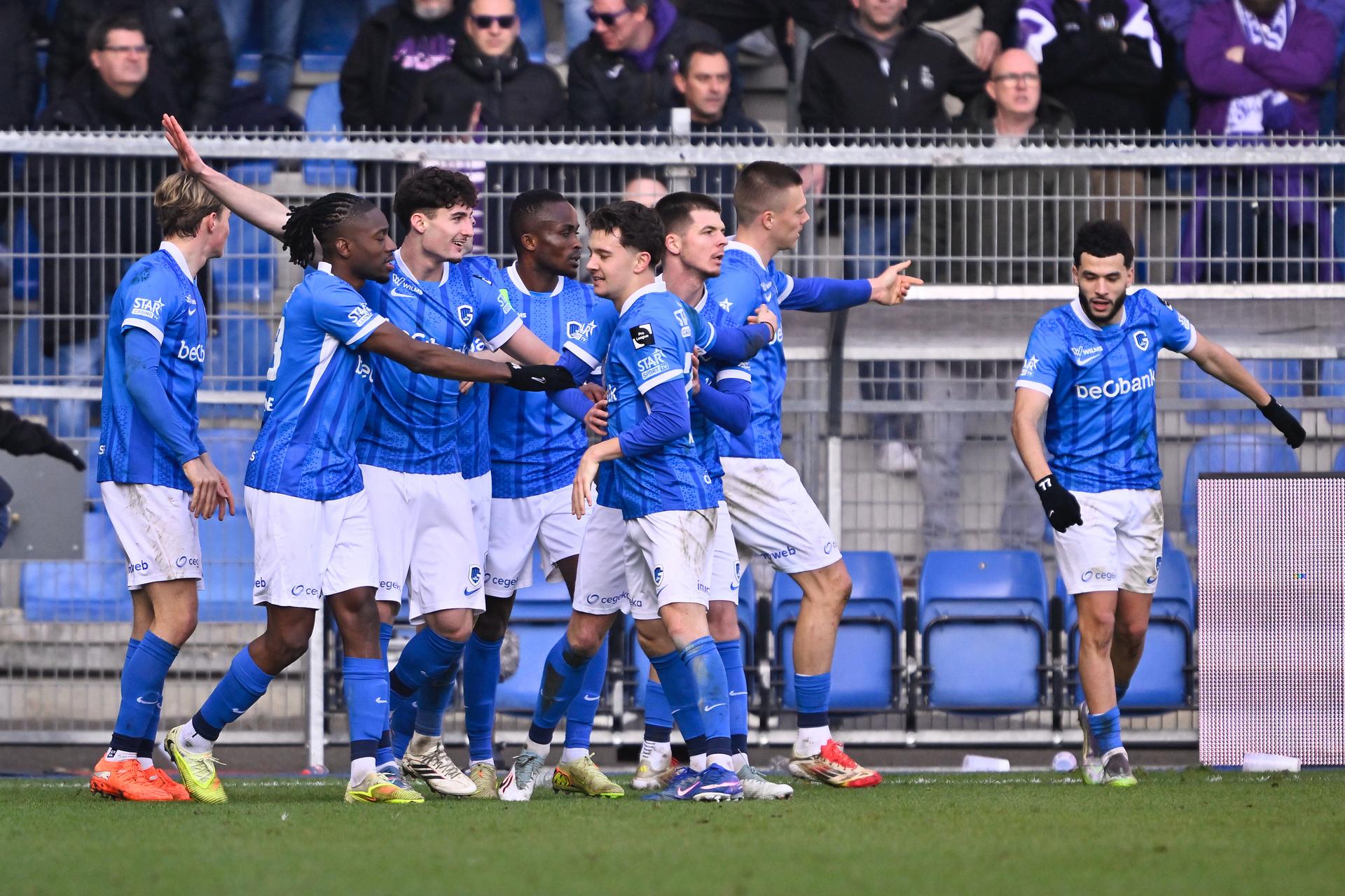Genk's Robin Mirisola celebrates after scoring during a soccer match between KRC Genk and RSC Anderlecht, Sunday 08 February 2026 in Genk, a game of day 24 of the 2025-2026 'Jupiler Pro League' first division of the Belgian championship. BELGA PHOTO JOHAN EYCKENS