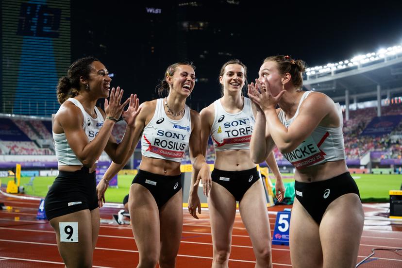 Belgians Delphine Nkansa, Rani Rosius, Lien Torfs and Rani Vincke celebrate after winning the women's 4x100m relay heats, at the world relay championships, on Saturday 10 May 2025 in Guangzhou, China. The world relay championships in Guangzhou take place from 10 to 11 May. BELGA PHOTO NIKOLA KRSTIC