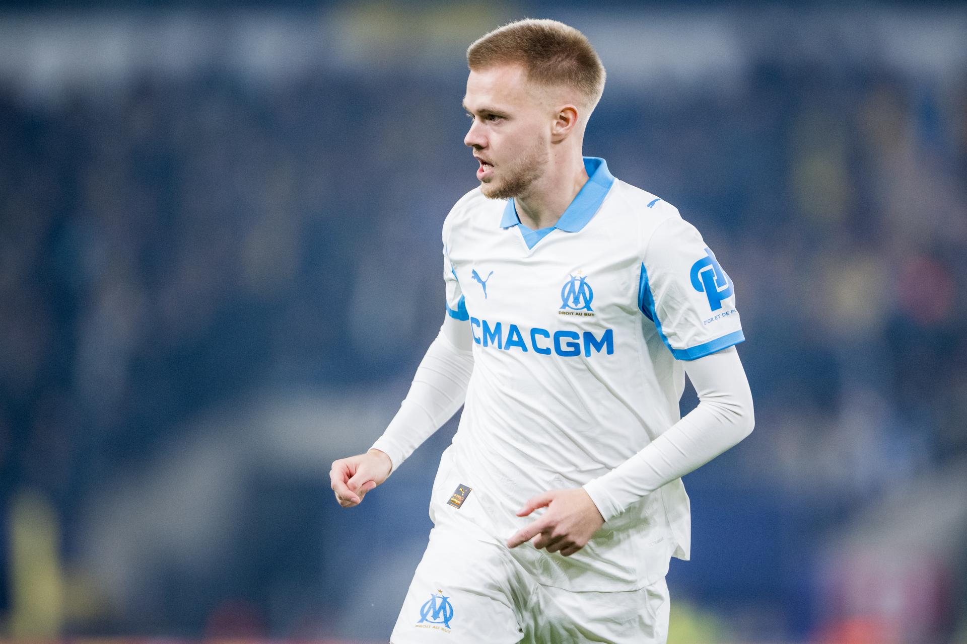Marseille's Arthur Vermeeren pictured in action during a soccer game between Belgian Royale Union Saint-Gilloise and French Olympique de Marseille, on Tuesday 09 December 2025 in Brussels, on the sixth day of the League phase of the UEFA Champions League tournament. BELGA PHOTO JASPER JACOBS