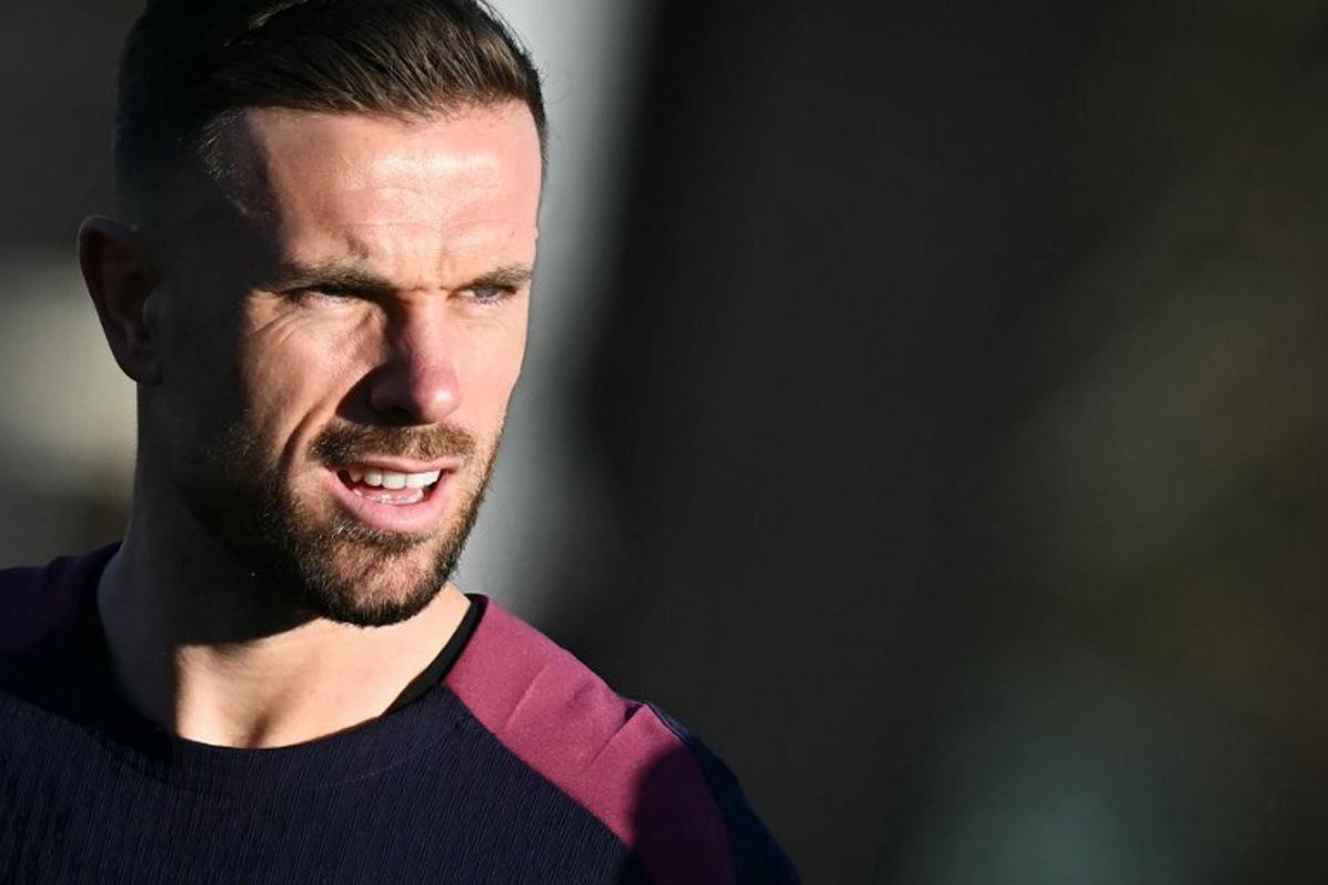 England's midfielder # Jordan Henderson takes part in a training session at St George's Park in Burton-on-Trent, central England, on March 18, 2025 ahead of their UEFA World Cup Qualifying Group K football matches against Albania on March 21 and Latvia on March 26.  Paul ELLIS / AFP