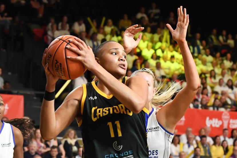 Castors' Jaquaya Miller pictured in action during a basketball match between Kangoeroes Mechelen and Castors Braine, Saturday 08 March 2025 in Oostende, the final of the women's Belgian Basketball Cup. BELGA PHOTO JILL DELSAUX
