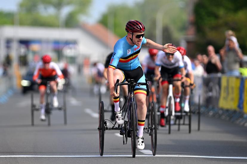 MT2 Belgium's Tim Celen pictured as he wins the MT2 race during the road races at the UCI Para-Cycling Road World Cup event, Saturday 03 May 2025, in Brugge. The UCI Para-Cycling Road World Cup takes place from 01 to 04 May in Oostende and Brugge. BELGA PHOTO LUC CLAESSEN