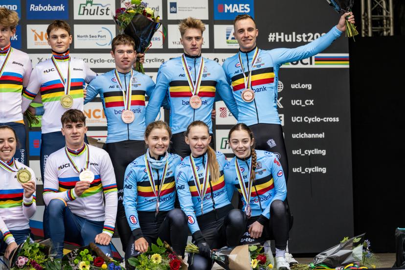 Belgian riders, winner of the bronze medal pictured on the podium of the Team Relay race at the UCI Cyclocross World Championships, on Friday 30 January 2026, in Hulst, The Netherlands. BELGA PHOTO DAVID PINTENS