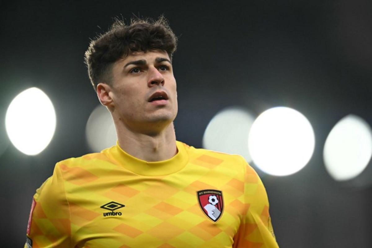 Bournemouth's Spanish goalkeeper #13 Kepa Arrizabalaga looks on during the English FA Cup fourth round football match between Everton and Bournemouth at Goodison Park in Liverpool, north-west England on February 8, 2025.  Paul ELLIS / AFP
