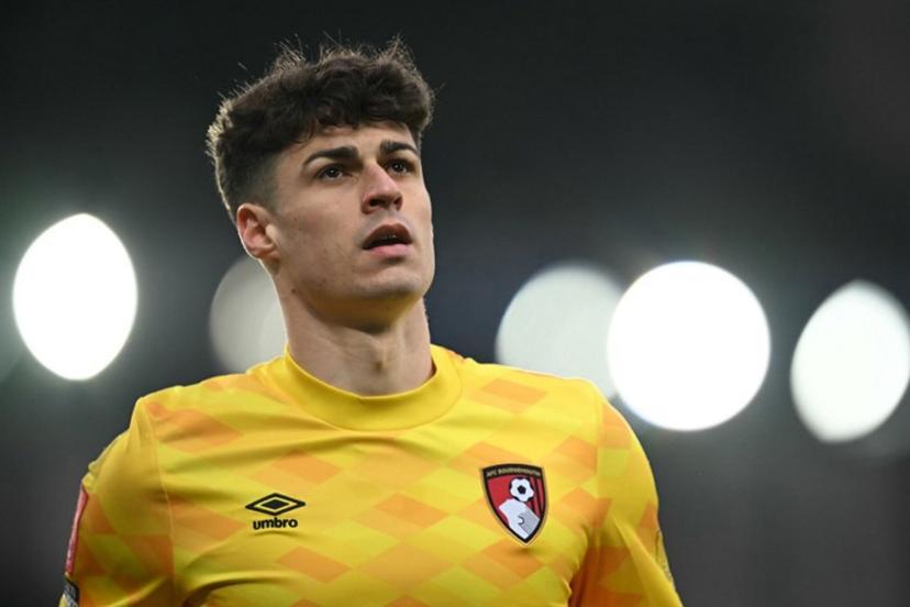 Bournemouth's Spanish goalkeeper #13 Kepa Arrizabalaga looks on during the English FA Cup fourth round football match between Everton and Bournemouth at Goodison Park in Liverpool, north-west England on February 8, 2025.  Paul ELLIS / AFP