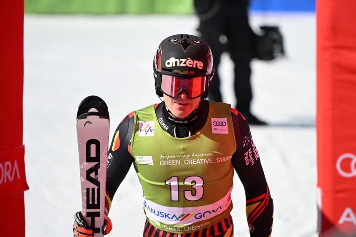 Belgium's Armand Marchant reacts in the finish area at the end of the second run of the Men's Slalom event, part of FIS Alpine Ski World Cup 2025-2026 in Kranjska Gora, Slovenia on March 8, 2026.  JURE MAKOVEC / AFP
