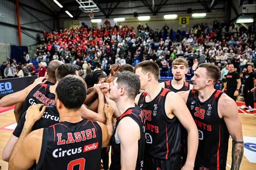 Antwerp's players celebrate after winning a basketball match between Limburg United and Antwerp Giants, Sunday 08 February 2026, in Hasselt, in the semifinals of the Men's Lotto Basketball Cup competition. BELGA PHOTO TOM GOYVAERTS