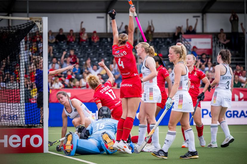 Belgium's Michelle Struijk and Belgium's Delphine Marien celebrate after scoring during a hockey game between Belgian national team Red Panthers and Germany, match 9/16 in the group stage of the 2025 women's FIH Pro League, Saturday 14 June 2025, in Antwerp. BELGA PHOTO JASPER JACOBS