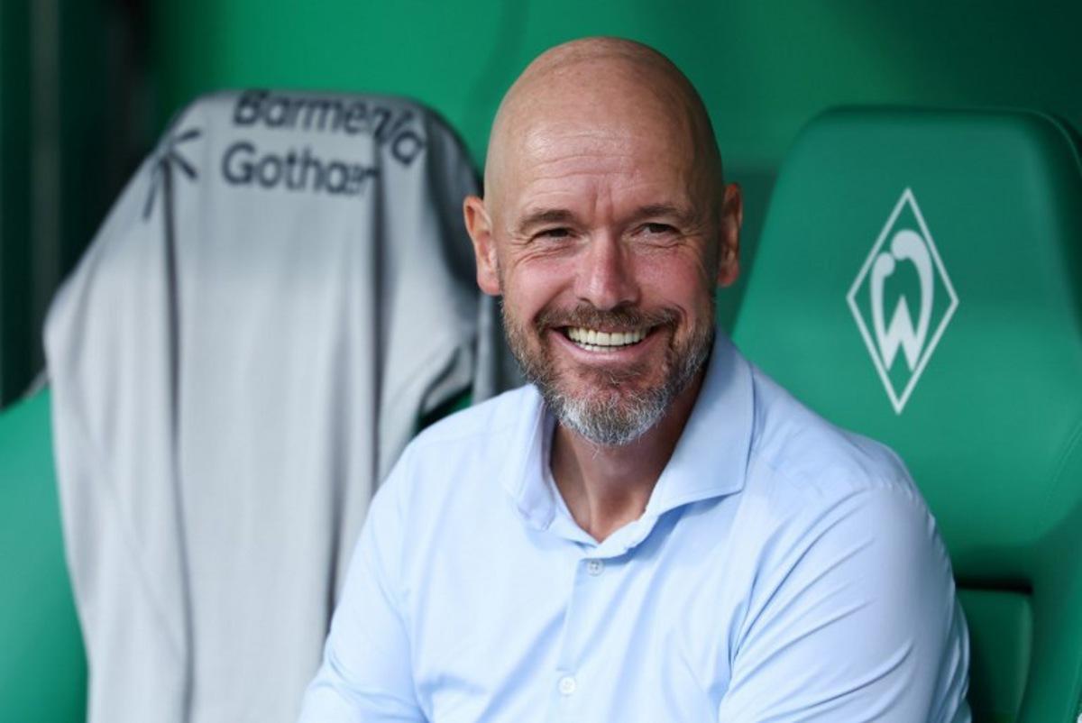 Bayer Leverkusen's Dutch head coach Erik ten Hag smiles ahead the German first division Bundesliga football match between Werder Bremen and Bayer Leverkusen in Bremen on August 30, 2025.  Ibrahim OT / AFP