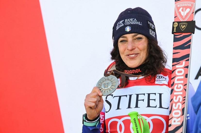 Italy's Federica Brignone celebrates her second place medal on the podium after the women's Giant Slalom event at the FIS Alpine Skiing World Cup Sun Valley Finals in Sun Valley, Idaho, on March 25, 2025.  Patrick T. Fallon / AFP