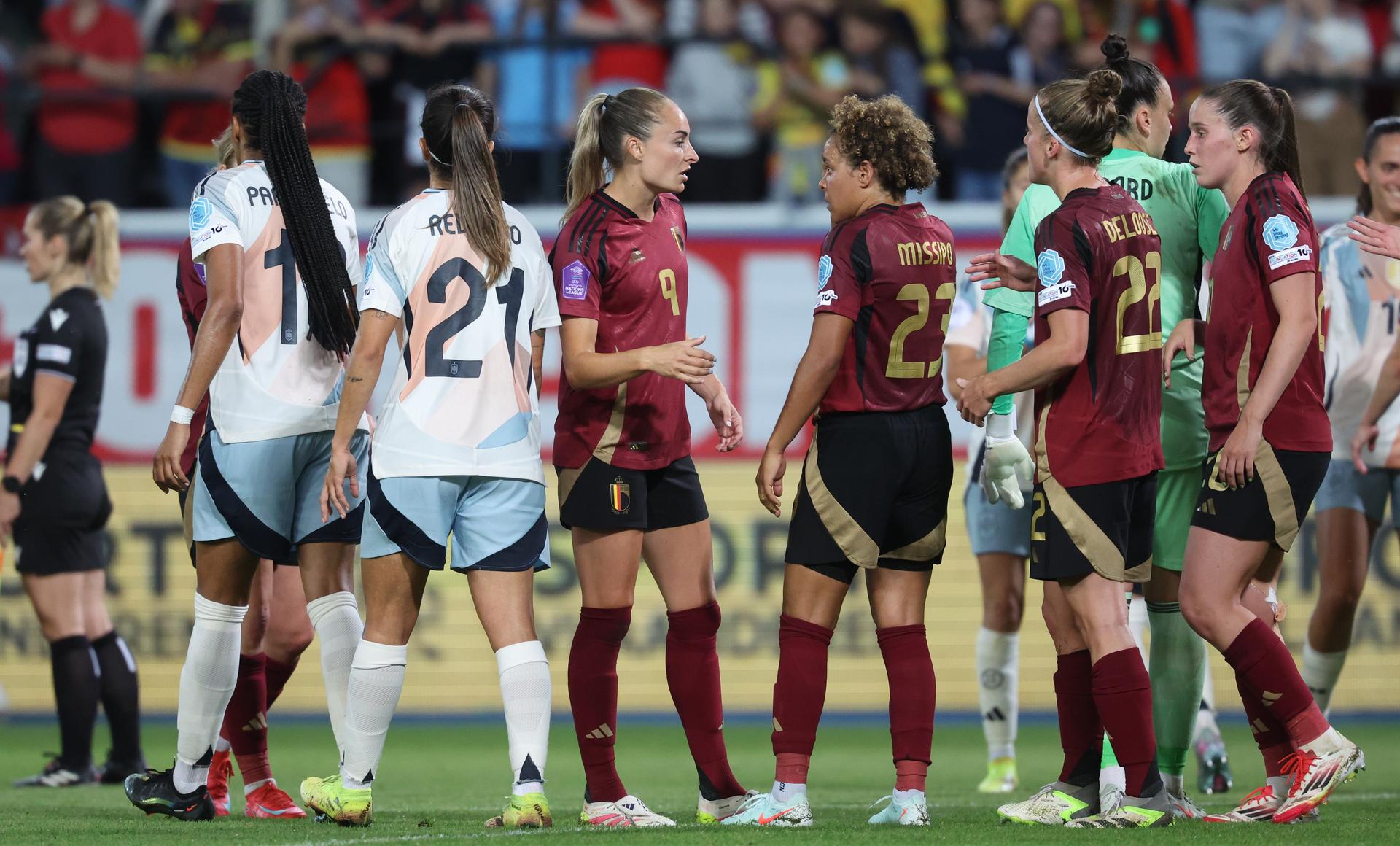 Belgium's Tessa Wullaert and Belgium's Kassandra Ndoutou Eboa Missipo pictured after a soccer game between the national teams of Belgium (Red Flames) and Spain, on the fifth matchday in group A3 of the 2024-25 Women's Nations League competition, on Friday 30 May 2025 in Heverlee, Leuven. BELGA PHOTO VIRGINIE LEFOUR