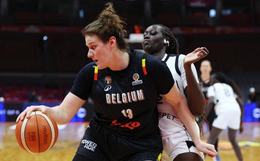 Belgium's Kyara Linskens fights for the ball during a basket game between Belgium's national team Belgian Cats and South Sudan, in Wuhan, China, on Sunday 15 March 2026, the fourth game (out of 5) of the qualifications phase for the World Cup Basket tournament. BELGA PHOTO NIKOLA KRSTIC