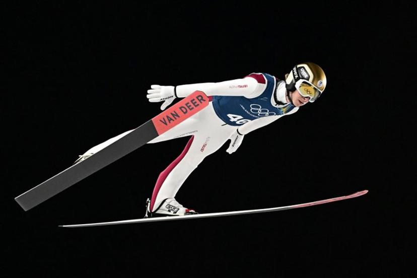 Austria's Daniel Tschofenig jumps during the training for the men's large hill ski jumping of the Milano Cortina 2026 Winter Olympic Games at Predazzo Ski Jumping Stadium in Predazzo (Val di Fiemme), on February 13, 2026.  Tobias SCHWARZ / AFP