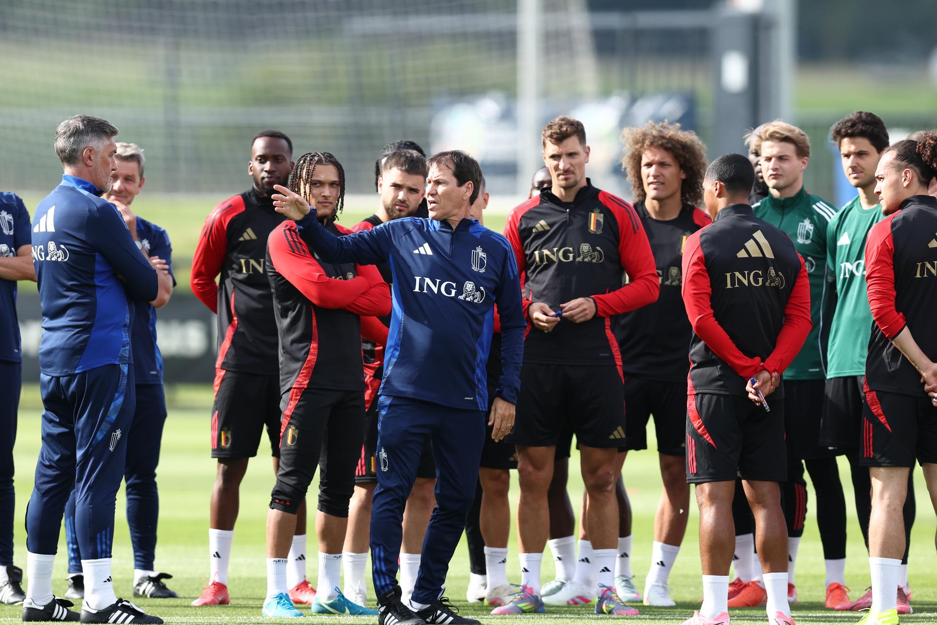Red Devils pictured during a training session of Belgian national soccer team the Red Devils, , in Tubize. The team is preparing for the World Cup 2026 qualifier games against North-Macedonia (6 June) and Wales (9 June). BELGA PHOTO BRUNO FAHY