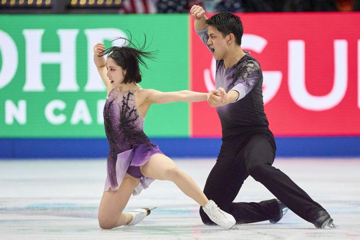 Japan's Riku Miura and Ryuichi Kihara skate during the Pairs Short program of the 2025 ISU World Figure Skating Championships at TD Garden in Boston, Massachusetts, on March 26, 2025.  Geoff Robins / AFP