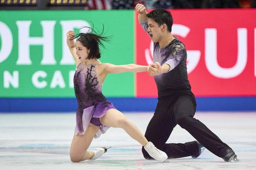 Japan's Riku Miura and Ryuichi Kihara skate during the Pairs Short program of the 2025 ISU World Figure Skating Championships at TD Garden in Boston, Massachusetts, on March 26, 2025.  Geoff Robins / AFP