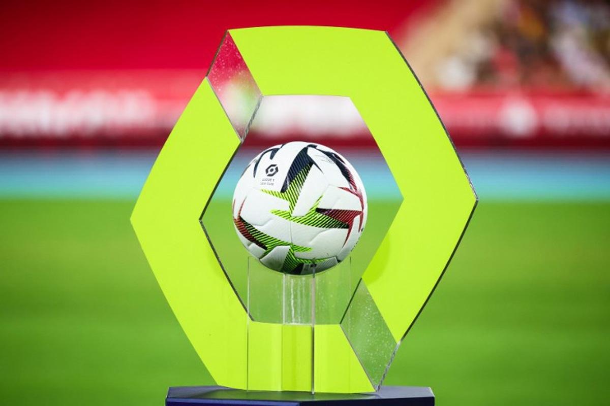 The ball is displayed before the French L1 football match between AS Monaco and RC Lens at the Louis II Stadium (Stade Louis II) in the Principality of Monaco on September 2, 2023.  CLEMENT MAHOUDEAU / AFP