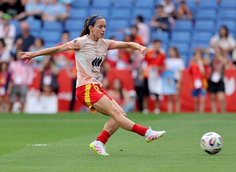 Spain's midfielder #06 Aitana Bonmati warms up the UEFA Women's Nations League Group A3 football match between Spain and England at the RCDE Stadium in Cornella de Llobregat, outside Barcelona, on June 3, 2025.  LLUIS GENE / AFP