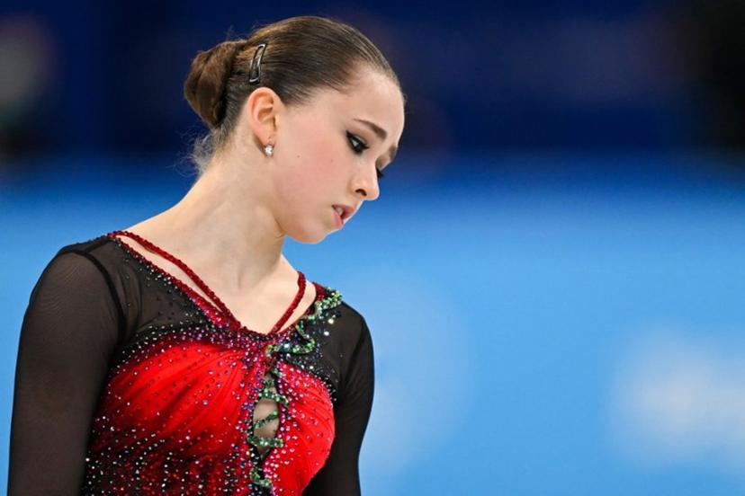 Russia's Kamila Valieva reacts after competing in the women's single skating free skating of the figure skating event during the Beijing 2022 Winter Olympic Games at the Capital Indoor Stadium in Beijing on February 17, 2022.  Manan VATSYAYANA / AFP
