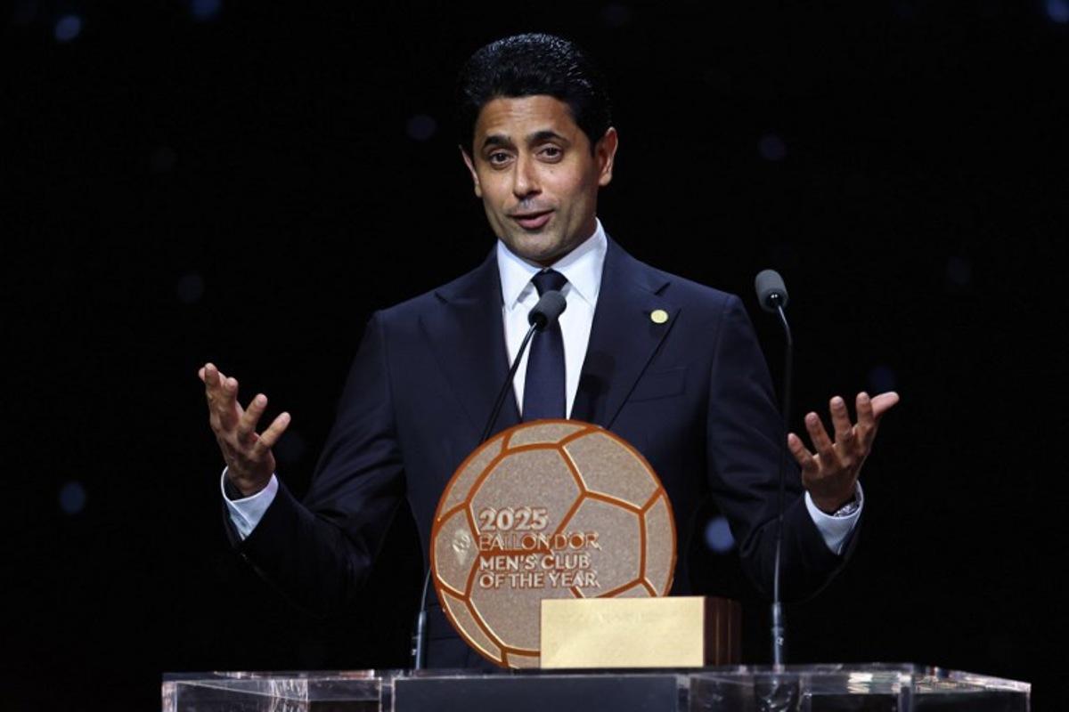 Paris Saint Germain's Qatari president Nasser al-Khelaifi gives a speech after the PSG won the best men's football club of the year award during the 2025 Ballon d'Or France Football award ceremony at the Theatre du Chatelet in Paris on September 22, 2025.  Franck FIFE / AFP