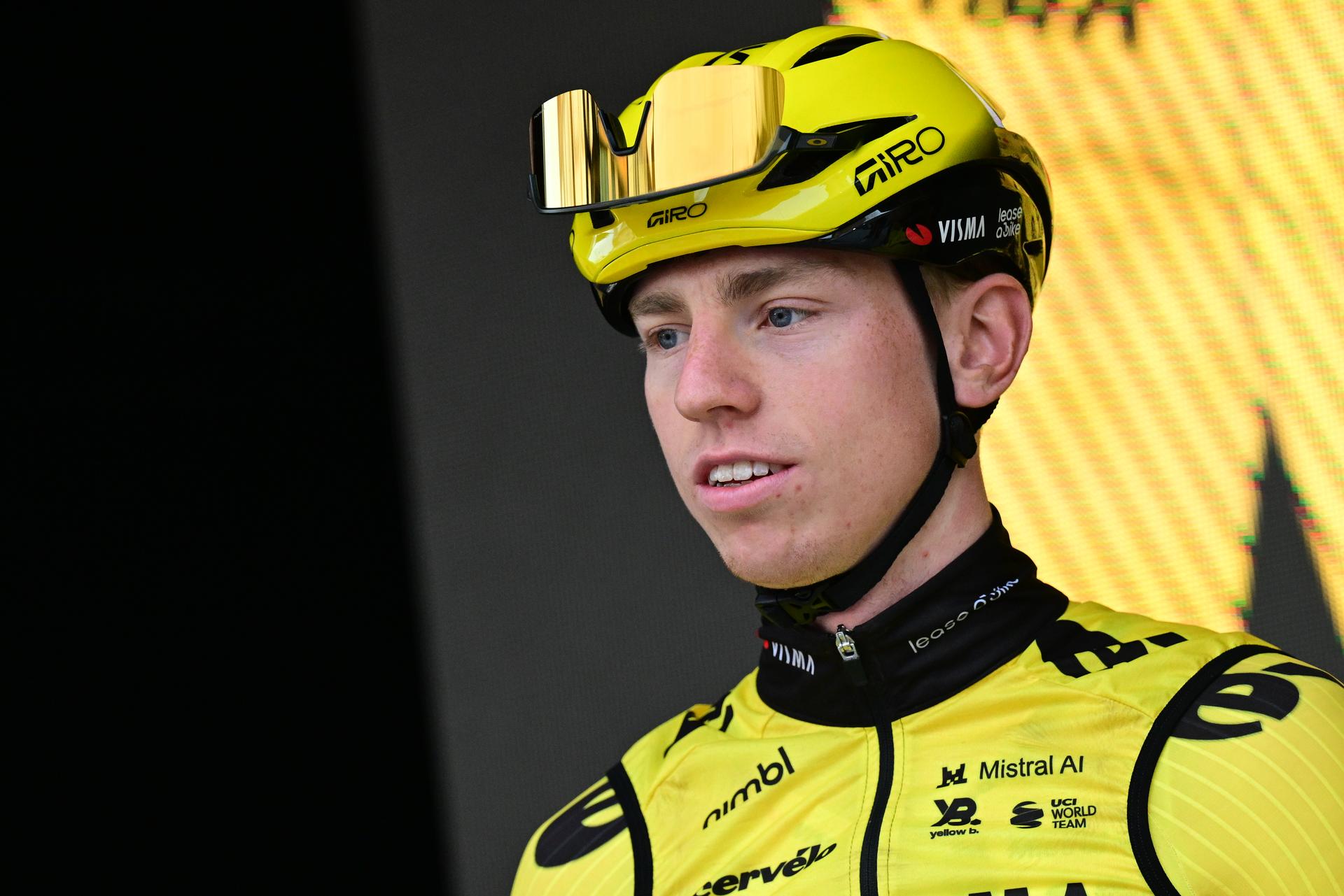 Great Britain's Matthew Brennan of Team Visma-Lease a Bike pictured during the team presentation at the start of the 78th edition of the men elite race of the Kuurne-Brussels-Kuurne one day cycling race, 195 km from Kuurne to Kuurne via Brussels, Sunday 01 March 2026.  BELGA PHOTO DIRK WAEM