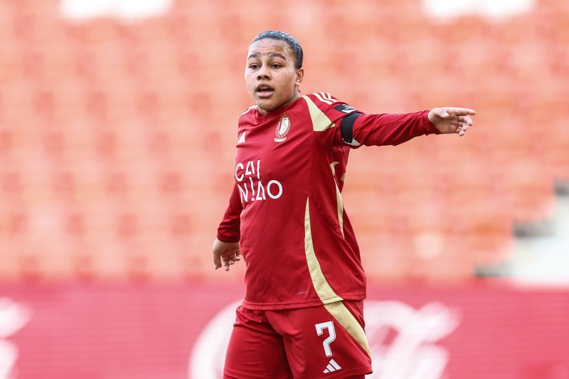 Standard Mariam Toloba reacts during a female soccer game between Standard Femina and RSCA Women, Saturday 08 March 2025 in Liege, on day 18 of the 2024 - 2025 season of Belgian Lotto Womens Super League. BELGA PHOTO BRUNO FAHY