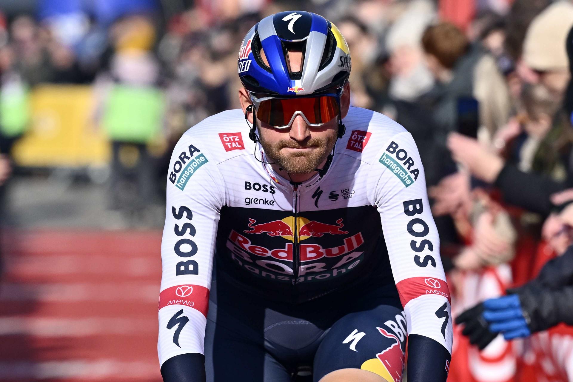 Belgian Jordi Meeus of RedBull-BORA-hansgrohe pictured during the team presentation ahead of the Kuurne-Brussels-Kuurne one day cycling race, 196,9 km from Kuurne to Kuurne via Brussels, Sunday 02 March 2025. BELGA PHOTO DIRK WAEM