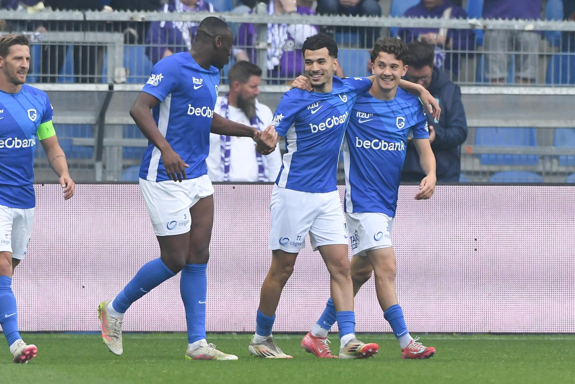 Genk's Zakaria El Ouahdi celebrates after scoring during a soccer match between KRC Genk and RSC Anderlecht, Sunday 25 May 2025 in Genk, on day 10 (out of 10) of the Champions' Play-offs of the 2024-2025 'Jupiler Pro League' first division of the Belgian championship. BELGA PHOTO JILL DELSAUX