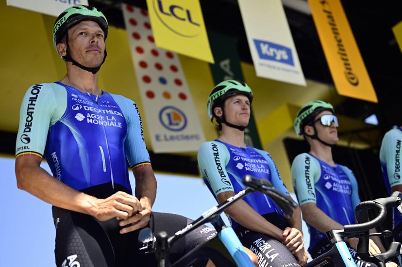 Belgian Oliver Naesen of Decathlon AG2R La Mondiale Team and Austrian Felix Gall of Decathlon AG2R La Mondiale Team pictured at the start of stage 11 of the 2025 Tour de France cycling, from and to Toulouse (154km), on Wednesday 16 July 2025 in France. The 112th edition of the Tour de France starts on Saturday 5 July in Lille, France, and will finish in Paris, France on the 27th of July. BELGA PHOTO DIRK WAEM