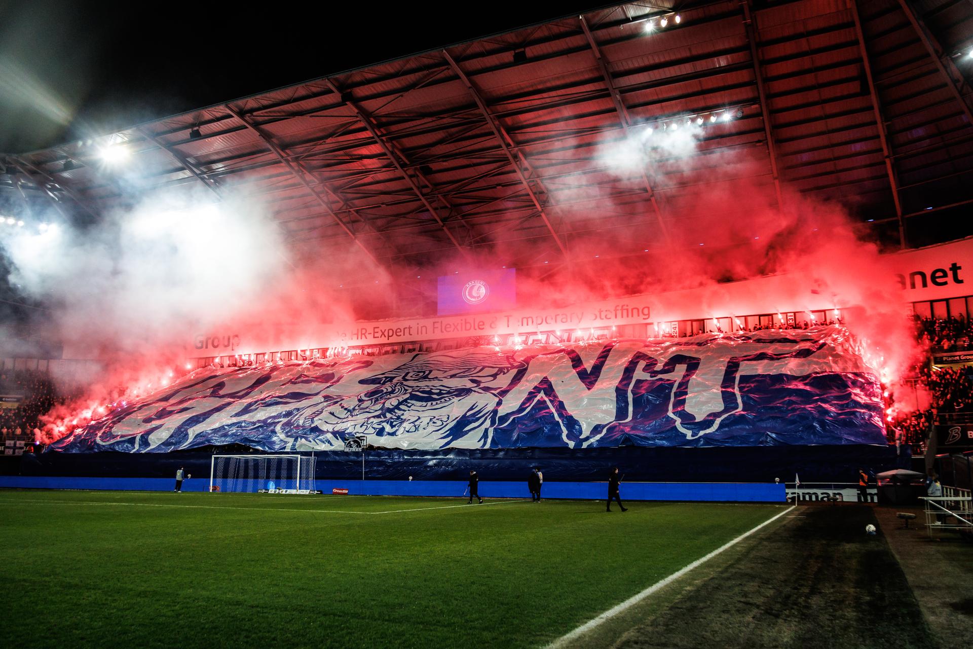 Gent's supporters and new tifo pictured ahead of a soccer match between KAA Gent and Zulte Waregem, Friday 13 March 2026 in Gent, on day 29 of the 2025-2026 'Jupiler Pro League' first division of the Belgian championship. BELGA PHOTO KURT DESPLENTER