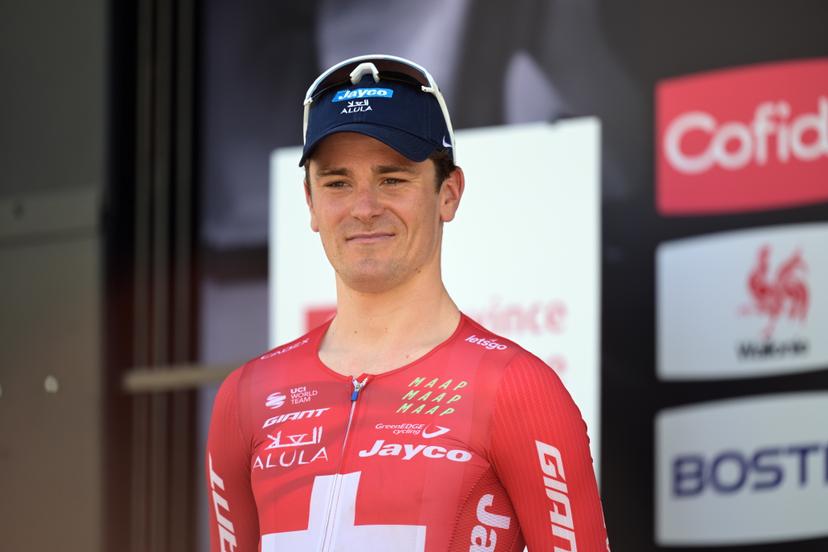 Swiss Mauro Schmid of Team Jayco-AIUIa pictured on the podium after the men's race of the 90th edition of the 'La Fleche Wallonne', one day cycling race (Waalse Pijl - Walloon Arrow), 200 km from Herstal to Huy, Wednesday 22 April 2026. BELGA PHOTO DAVID PINTENS