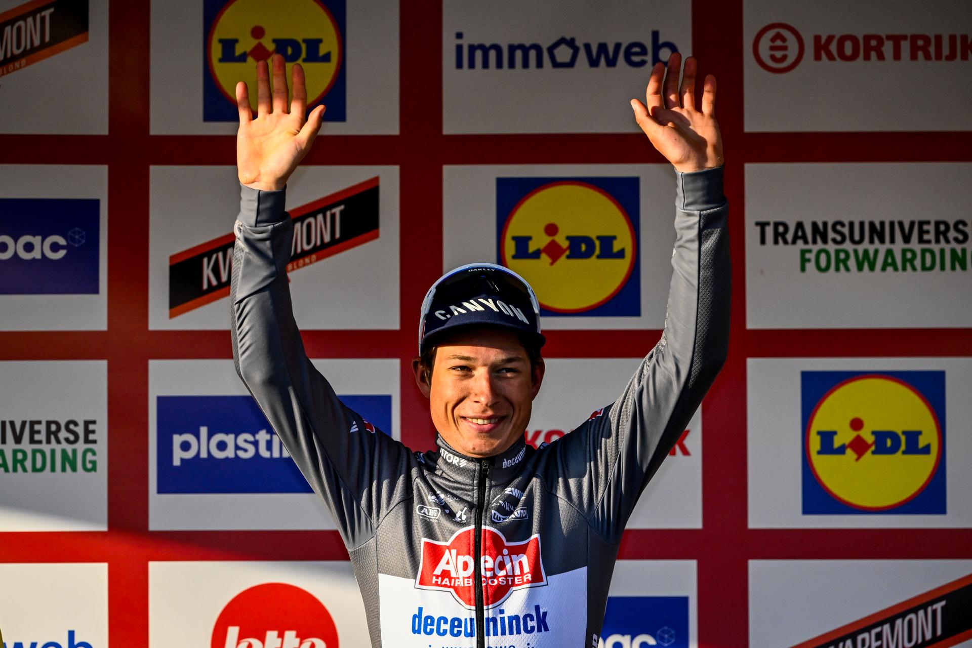 Belgian Jasper Philipsen of Alpecin-Deceuninck celebrates on the podium after winning the Kuurne-Brussels-Kuurne one day cycling race, 196,9 km from Kuurne to Kuurne via Brussels, Sunday 02 March 2025. BELGA PHOTO ERIC LALMAND