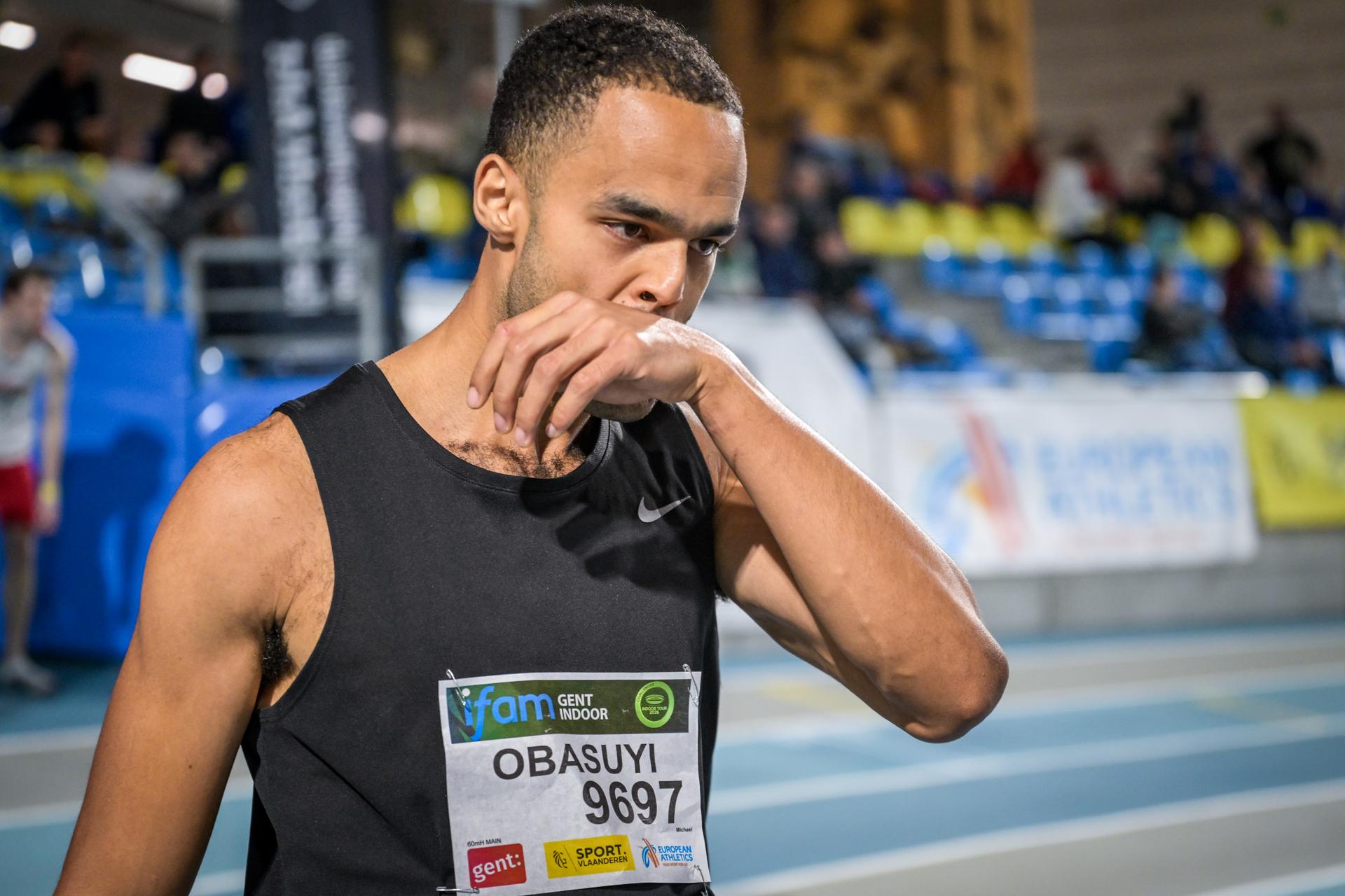 Belgian Michael Obasuyi pictured after the men's 60m hurdles, at the IFAM Indoor, IAAF World Indoor Tour Athletics Meeting, Saturday 31 January 2026 in Gent. BELGA PHOTO DAVID PINTENS