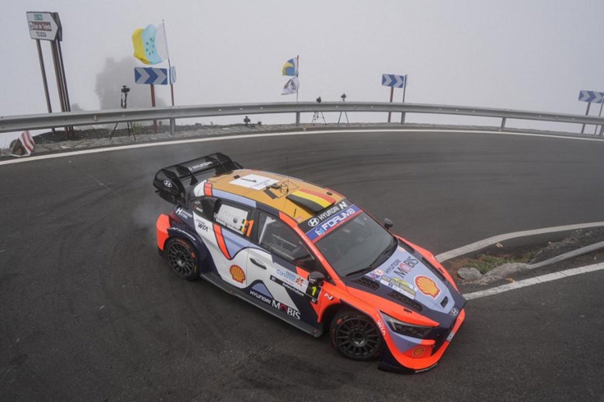 Thierry Neuville of Belgium and his co-driver Martijn Wydaeghe of Belgium compete in their Hyundai i20 N Rally 1 during the SS5 special between Valleseco-Artenara of the World Rally Championship (WRC) Rally Islas Canarias on the island of Gran Canaria in Spain's Canary Islands, on April 25, 2025.  Manaure QUINTERO / AFP