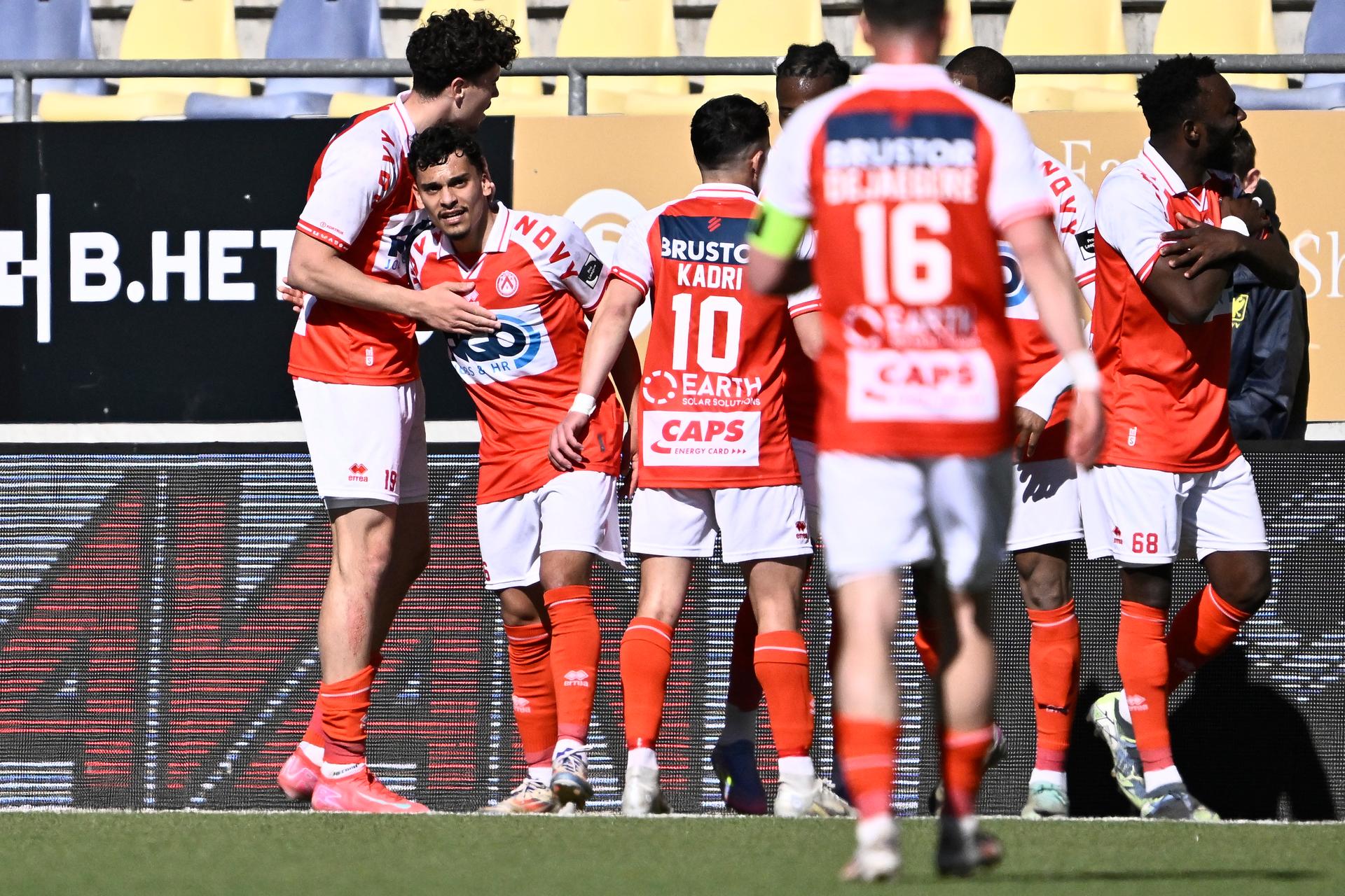 Kortrijk's Nayel Mehssatou celebrates after scoring during a soccer match between Sint-Truidense VV and KV Kortrijk, Sunday 06 April 2025 in Sint-Truiden, on day 2 (out of 6) of the Relegation Play-offs of the 2024-2025 'Jupiler Pro League' first division of the Belgian championship. BELGA PHOTO JOHAN EYCKENS