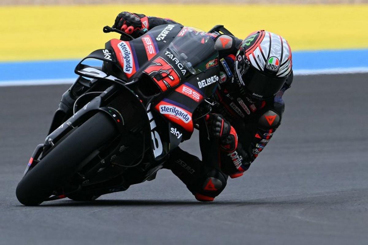 Aprilia Racing's Italian rider Marco Bezzecchi competes during the MotoGP practice session of the Grand Prix of Brazil at the Ayrton Senna International racetrack in Goiania, state of Goias, Brazil, on March 20, 2026.  EVARISTO SA / AFP