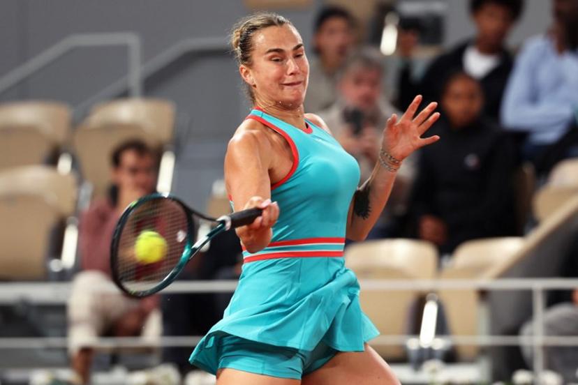Belarus' Aryna Sabalenka plays a forehand return to Russia's Kamilla Rakhimova during their women's singles match on day 1 of the French Open tennis tournament on Court Philippe-Chatrier at the Roland-Garros Complex in Paris on May 25, 2025.  ALAIN JOCARD / AFP