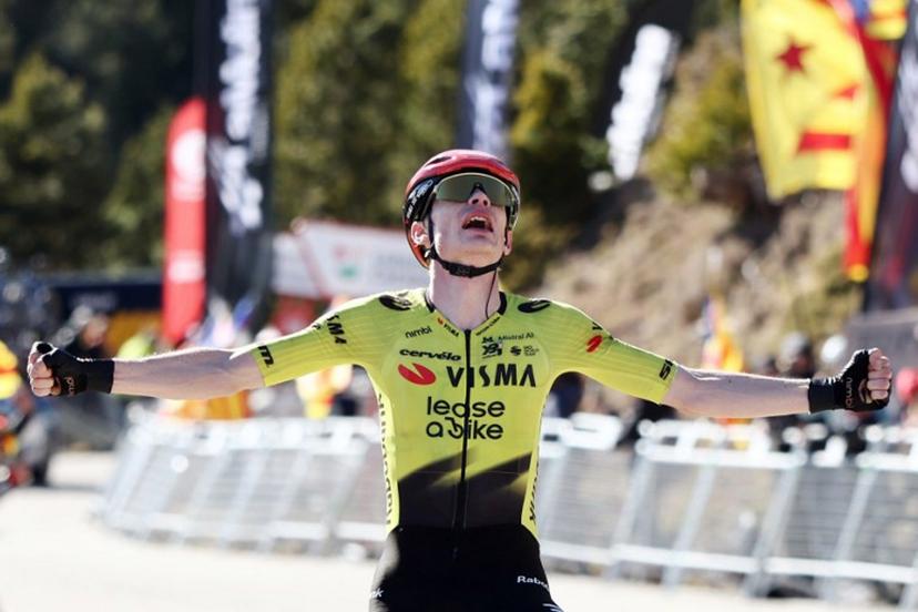 Team Visma-Lease a bike's Danish rider Jonas Vingegaard celebrates winning the fifth stage of the 2026 Volta a Catalunya cycling tour of Catalonia, a 155,5 km race between La Seu d'Urgell and La Molina ski resort in Alp, on March 27, 2026.  Josep LAGO / AFP