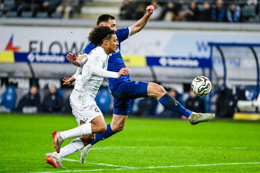 Cercle's Oluwaseun Adewumi and Gent's Matties Volckaert pictured in action during a soccer match between KAA Gent and Cercle Brugge, Friday 20 February 2026 in Gent, on day 26 of the 2025-2026 'Jupiler Pro League' first division of the Belgian championship. BELGA PHOTO TOM GOYVAERTS