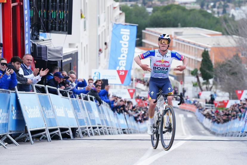 Belgian Remco Evenepoel celebrates as he crosses the finish line to win stage 4 of the 2026 Volta Comunitat Valenciana, Tour of Valencia cycling race, a race from La Nucia to Teulada Moraira (172,2 km), on Saturday 07 February 2026 in Spain. The race takes place from 4 to 8 February and runs through the three provinces of the Valencian Community. BELGA PHOTO JOMA GARCIA