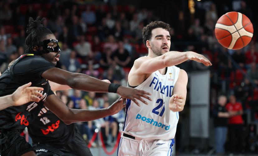 Belgium's Archange Izaw Bolavie and Finland's Edon Maxhuni fight for the ball during a basketball match between Belgian national team Belgian Lions and Finland, Friday 27 February 2026 in Charleroi, qualifier 3/6 for the men's 2027 FIBA World Championships. BELGA PHOTO VIRGINIE LEFOUR